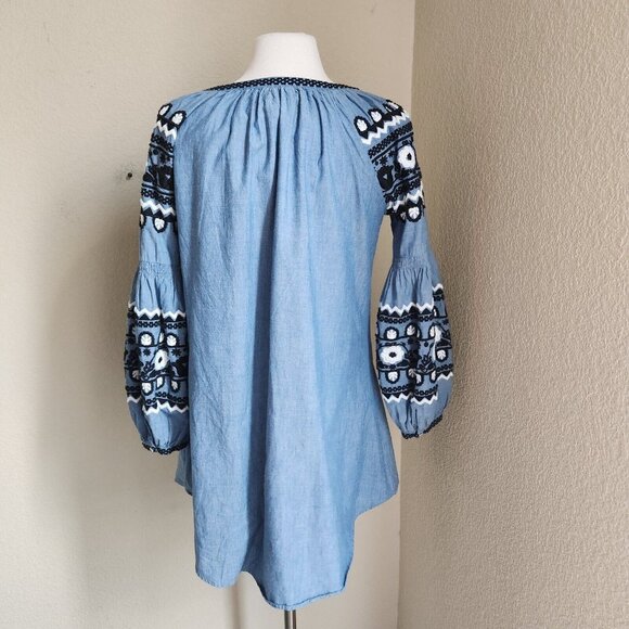 Ivy Jane Boho Dress XS Embroidered Puff Sleeve Chambray Relaxed‎ Southwestern - Picture 4 of 12